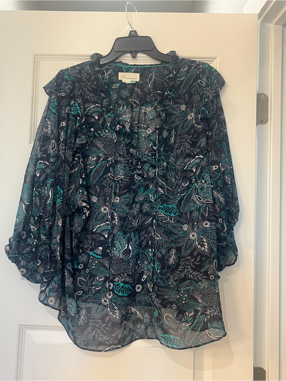 Anthropologie Black and Teal Floral Sheer Peasant Blouse